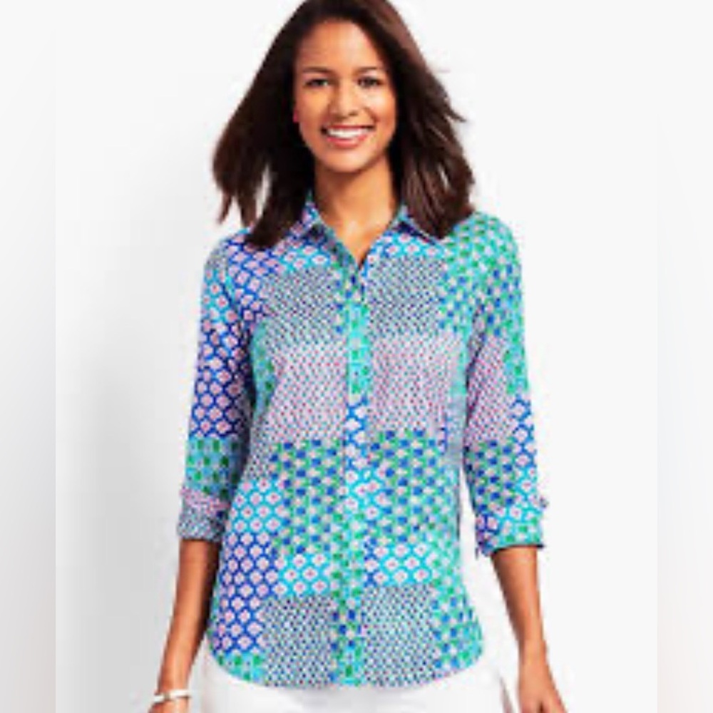 Talbots Blue and Green Patchwork Patterned Button… - image 1